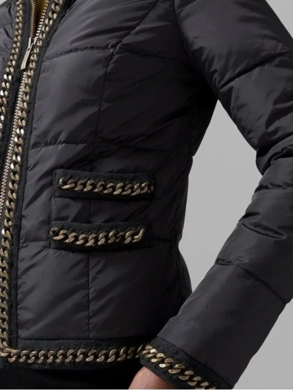 NWT WHBM Chain Detail Black Puffer Jacket Sz XL Bronze Chain Detail Collarless